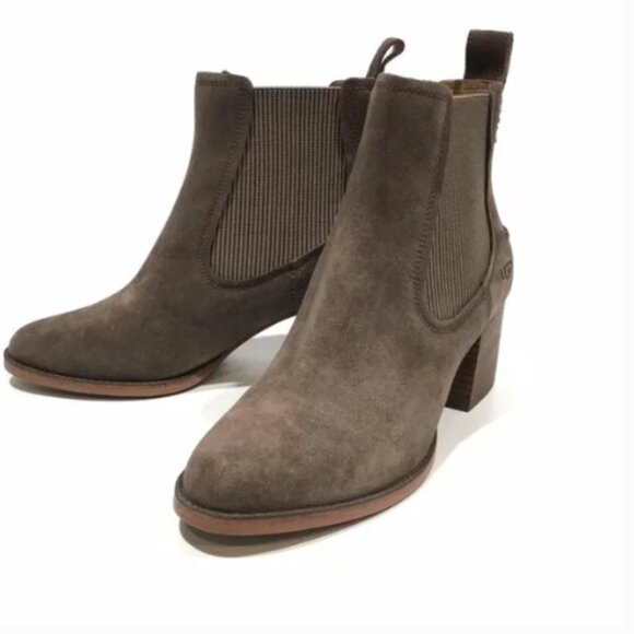 UGG Faye Suede Ankle Boots Booties Brown Leather Suede Chunky Heel Size 10 - Picture 2 of 16